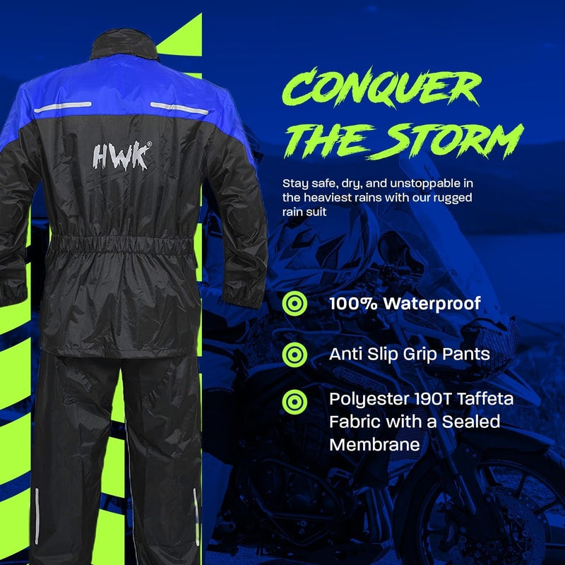 HWK Motorcycle Rain Suit for Men and Women - Waterproof Two-Piece Gear with Reflective Jacket and Pants, Blue, Large - Image 2