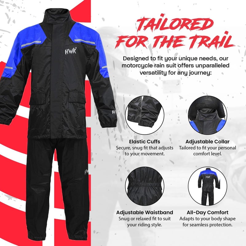 HWK Motorcycle Rain Suit for Men and Women - Waterproof Two-Piece Gear with Reflective Jacket and Pants, Blue, Large - Image 4