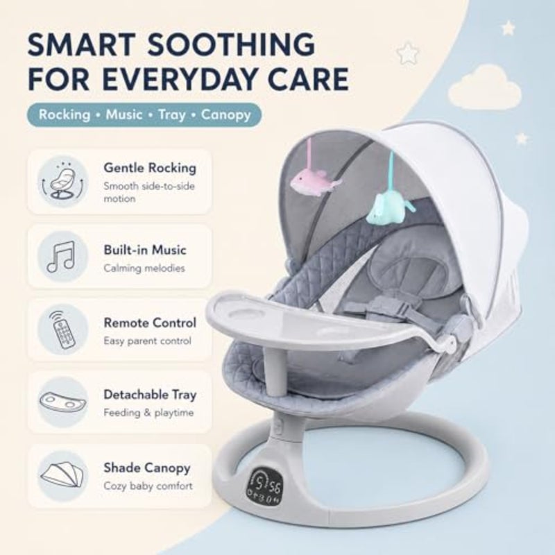 Electric Baby Swing for Infants, Swing Crib Smart Electric Cradle, 5 Speeds, Adapter Battery Operated, Bluetooth Support, Remote Control Grey - Image 2