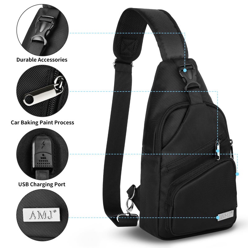 AMJ Crossbody Sling Bag Men Women, Casual Shoulder Backpack, Chest Daypack Satchel for Hiking Travel (Large, Black) - Image 3