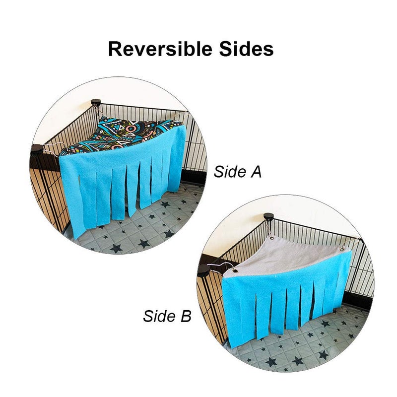 RIOUSSI Guinea Pig Hideout Hideaway Corner Fleece Toys Cage Accessories with Reversible Sides, Geo/Gray+Blue x 1 Curtain - Image 2