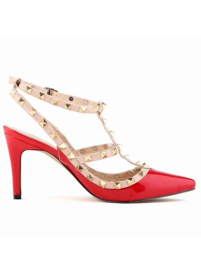 Loquat كعب مدبب مزخرف بتباين مع قطع مفتوحة 8 سم أحمر - Image 1