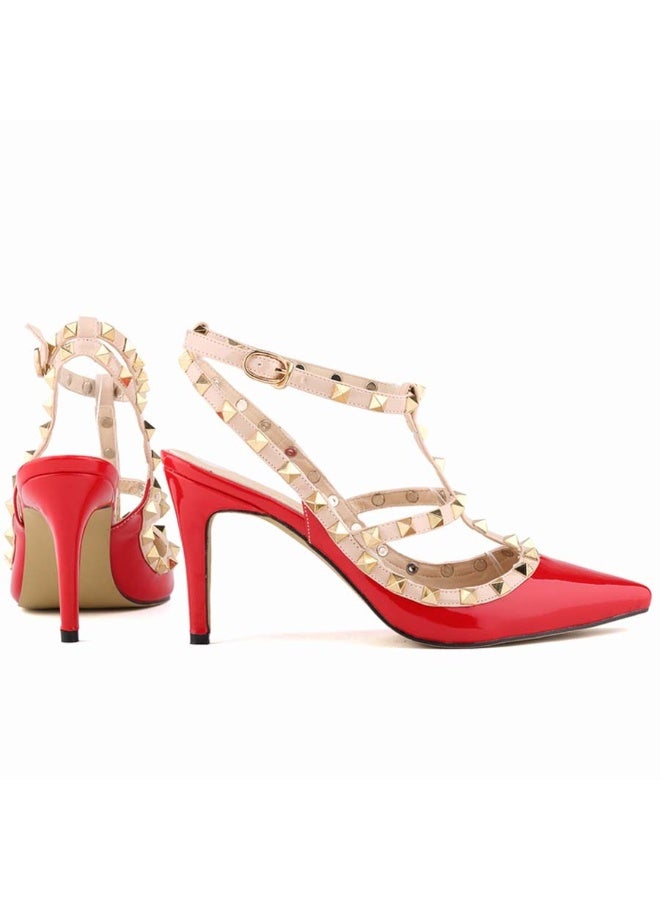 Loquat كعب مدبب مزخرف بتباين مع قطع مفتوحة 8 سم أحمر - Image 2