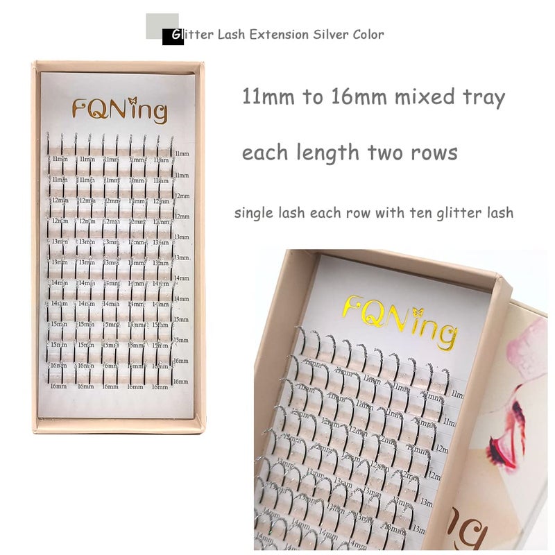 FQNing Glitter Lash Extensions Individual Silver Color Sparkly Single Lash Spike Eyelash Extension for Daily Party Wedding 11mm-16mm (Silver) - Image 3