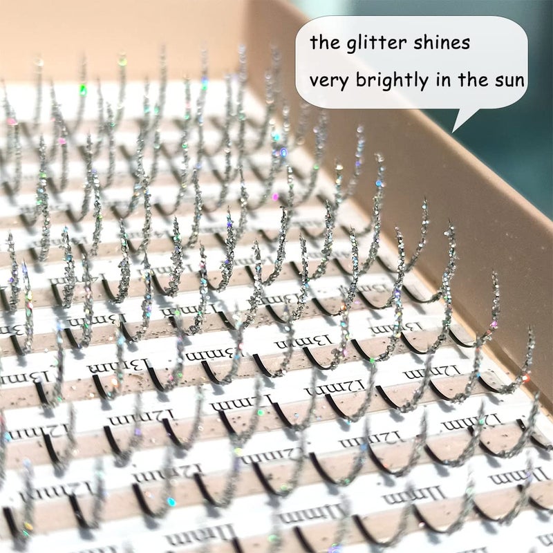 FQNing Glitter Lash Extensions Individual Silver Color Sparkly Single Lash Spike Eyelash Extension for Daily Party Wedding 11mm-16mm (Silver) - Image 2
