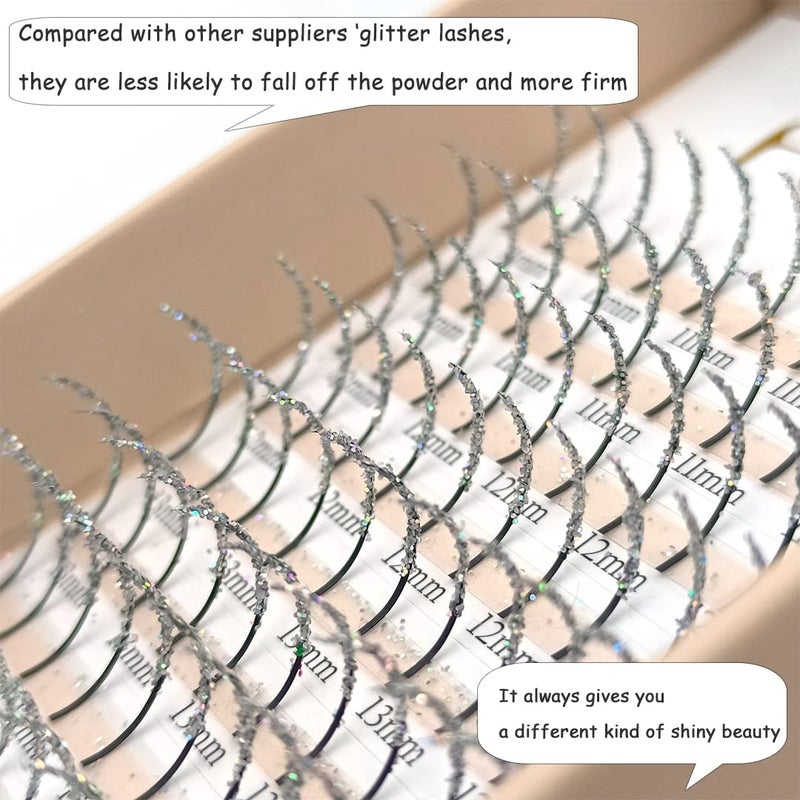 FQNing Glitter Lash Extensions Individual Silver Color Sparkly Single Lash Spike Eyelash Extension for Daily Party Wedding 11mm-16mm (Silver) - Image 5