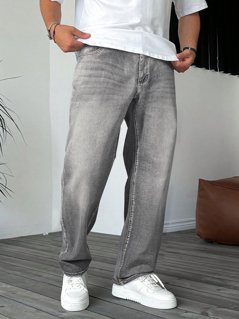 JMIERR Mens Classic Relaxed Fit Jeans Straight Stretch Casual Baggy Denim Pants Streetwear Jeans, S, Gray - Image 2