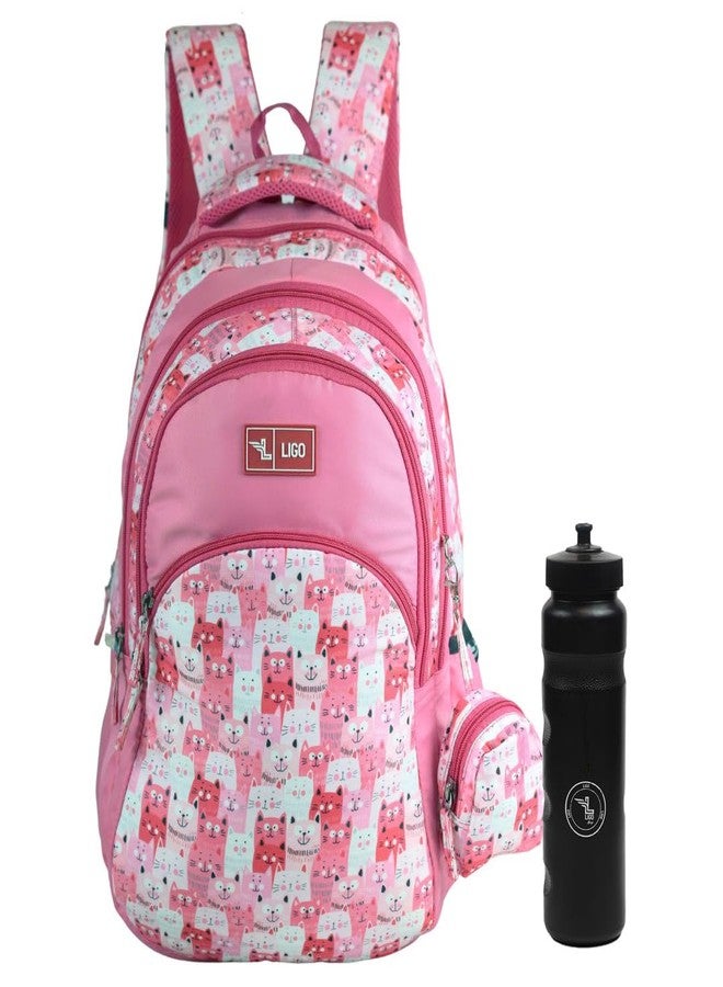 Ligo Catseye 19 Inch Kids Picnic Printed Bag with Free Sipper School Bags for Boys with Bottle Pocket and Front Organizer school bag for girls (Light Pink) - Image 1