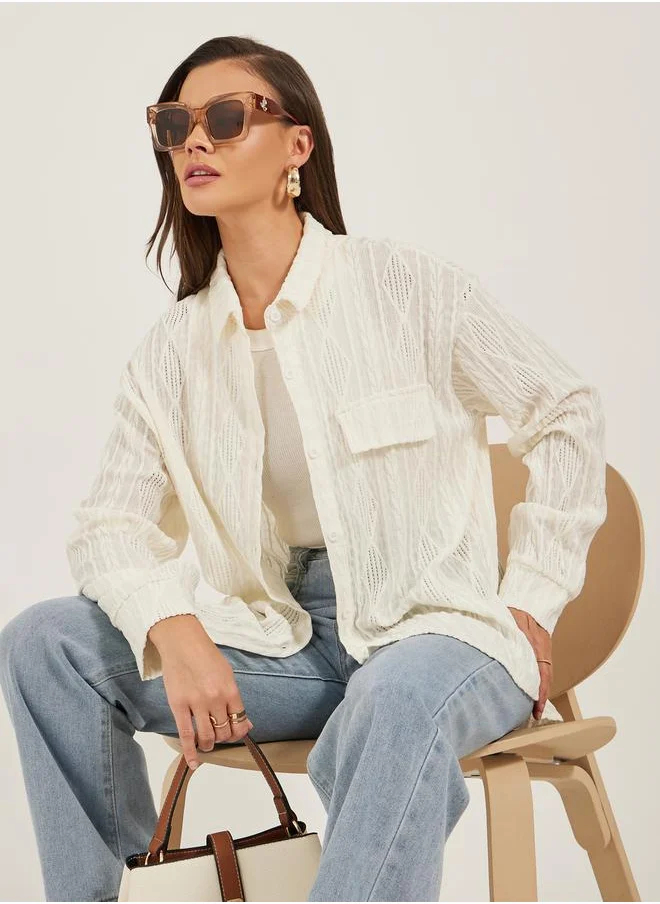 ستايلي Textured Knit Oversized Shirt with Flap Detail