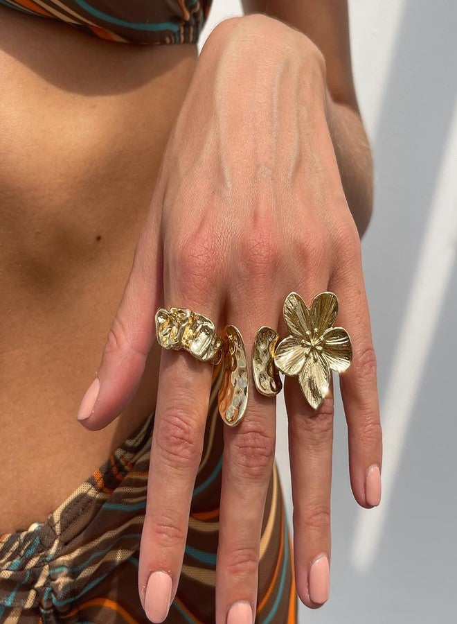 Aaishwarya Gold Plated LARGE Textured Floral Stackable Ring Set of 3 | Anti-tarnish Rings for Women and Girls| Bold & Chunky Trendy Statement Jewelry | Boho Beach Accessory | Adjustable Stack Finger Rings - Image 4