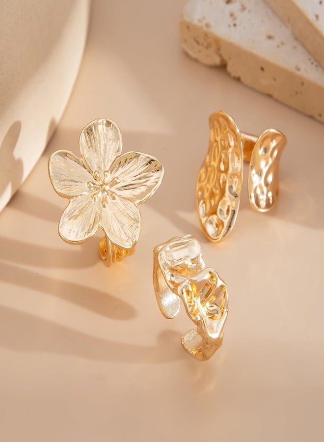 Aaishwarya Gold Plated LARGE Textured Floral Stackable Ring Set of 3 | Anti-tarnish Rings for Women and Girls| Bold & Chunky Trendy Statement Jewelry | Boho Beach Accessory | Adjustable Stack Finger Rings - Image 2