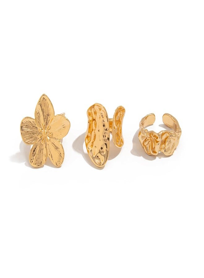 Aaishwarya Gold Plated LARGE Textured Floral Stackable Ring Set of 3 | Anti-tarnish Rings for Women and Girls| Bold & Chunky Trendy Statement Jewelry | Boho Beach Accessory | Adjustable Stack Finger Rings - Image 1