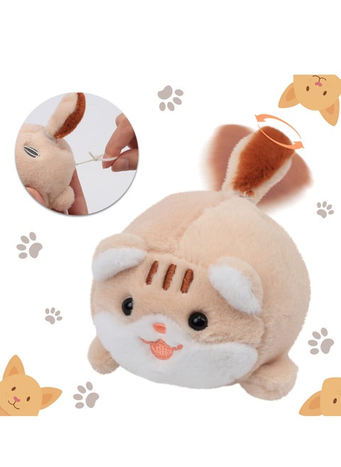 Pull String Plush Kitty Squeaky Toy with Bell Wind-up Clockwork Cat Motorized Wagging Tail Rotating Interactive Kitten Toys Pullback Cord Stuffed Animal Gift for Baby Kids, Black, 5''
