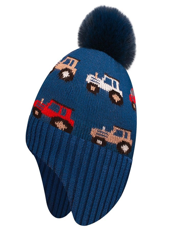 EDCYF Kids Winter Beanie Hat Boys Toddler Knitted Pom Hat Earflap Fleece Lining Ages 3-12 Blue - Image 1