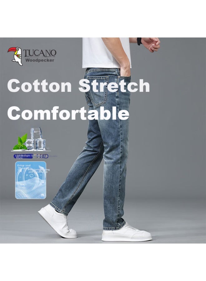 Tucano Wood Cotton Stretch Slim Fit Men's Jeans Spring Business Washed Vintage Casual Straight Leg Pants Blue Gray 40 - Image 1