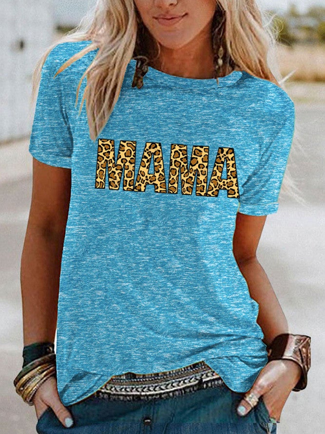 wish leopard print MAMA pattern print contrast color short sleeve t-shirt for women - Image 5