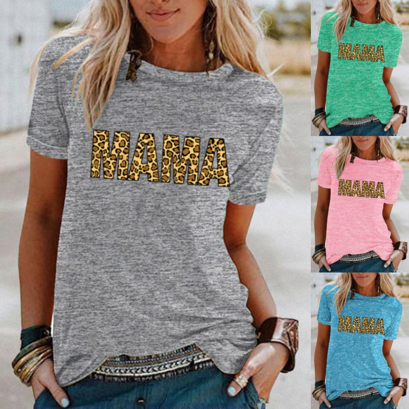 wish leopard print MAMA pattern print contrast color short sleeve t-shirt for women - Image 2