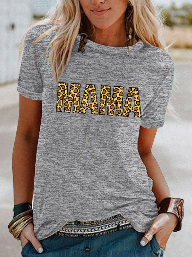wish leopard print MAMA pattern print contrast color short sleeve t-shirt for women - Image 4
