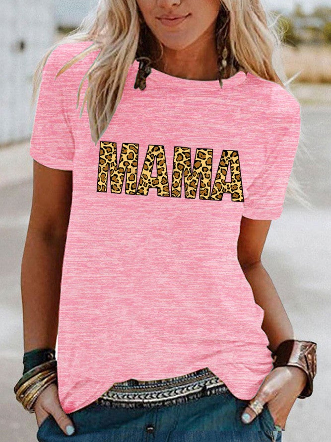 wish leopard print MAMA pattern print contrast color short sleeve t-shirt for women - Image 1