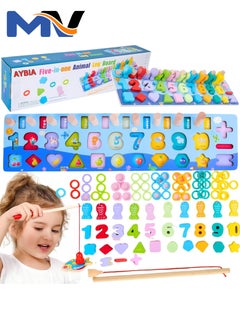Wooden Magnetic Puzzles, Fine Motor Skill Toy 5-in-1 Color Alphabet, Number, Fishing, Rings Sorting Game Toy, Preschool Math Stacking Block Learning Jigsaw Board, for 3-6 Year Old Boys and Girls