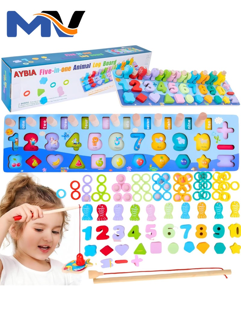 MAGIC VAULT - Wooden Magnetic Puzzles, Fine Motor Skill Toy 5-in-1 Color Alphabet, Number, Fishing, Rings Sorting Game Toy, Preschool Math Stacking Block Learning Jigsaw Board, for 3-6 Year Old Boys and Girls - Image 1