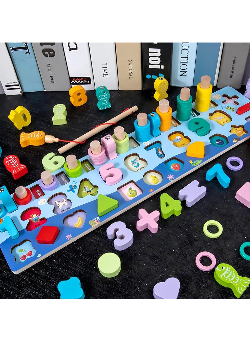 MAGIC VAULT - Wooden Magnetic Puzzles, Fine Motor Skill Toy 5-in-1 Color Alphabet, Number, Fishing, Rings Sorting Game Toy, Preschool Math Stacking Block Learning Jigsaw Board, for 3-6 Year Old Boys and Girls - Image 1