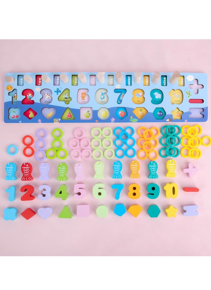 MAGIC VAULT - Wooden Magnetic Puzzles, Fine Motor Skill Toy 5-in-1 Color Alphabet, Number, Fishing, Rings Sorting Game Toy, Preschool Math Stacking Block Learning Jigsaw Board, for 3-6 Year Old Boys and Girls - Image 1