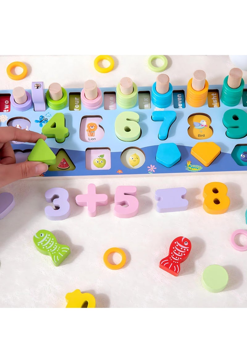MAGIC VAULT - Wooden Magnetic Puzzles, Fine Motor Skill Toy 5-in-1 Color Alphabet, Number, Fishing, Rings Sorting Game Toy, Preschool Math Stacking Block Learning Jigsaw Board, for 3-6 Year Old Boys and Girls - Image 1