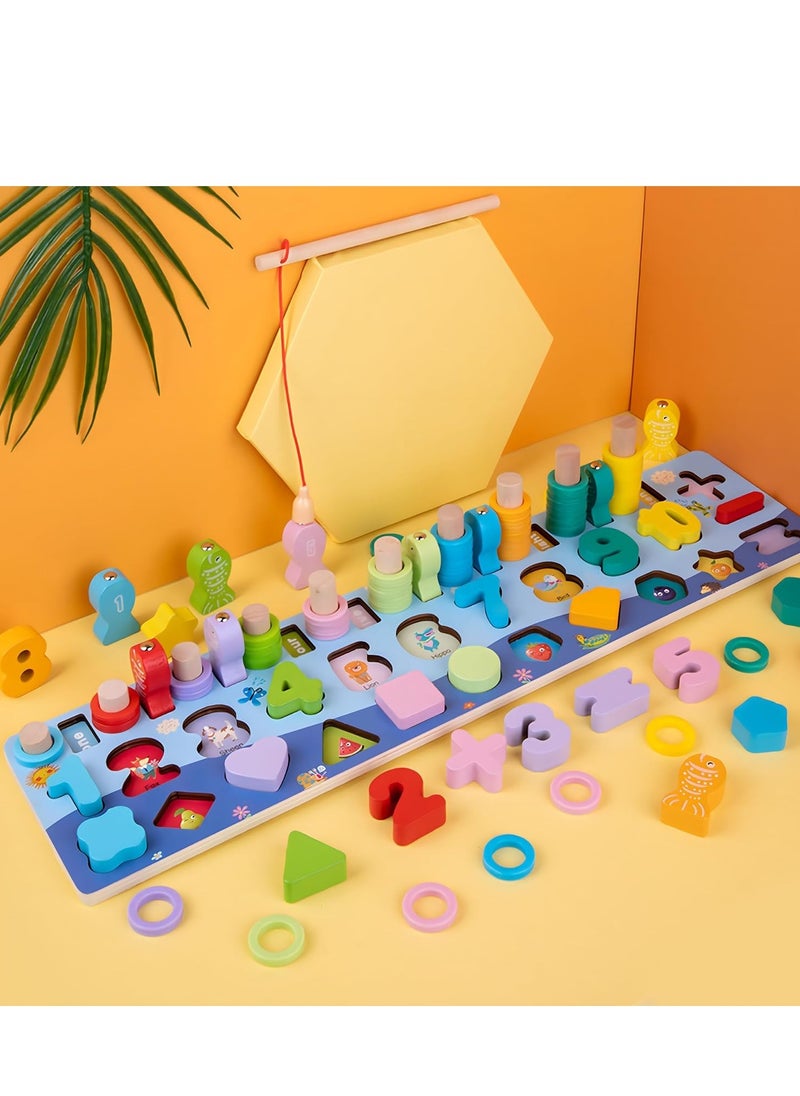 MAGIC VAULT - Wooden Magnetic Puzzles, Fine Motor Skill Toy 5-in-1 Color Alphabet, Number, Fishing, Rings Sorting Game Toy, Preschool Math Stacking Block Learning Jigsaw Board, for 3-6 Year Old Boys and Girls - Image 1