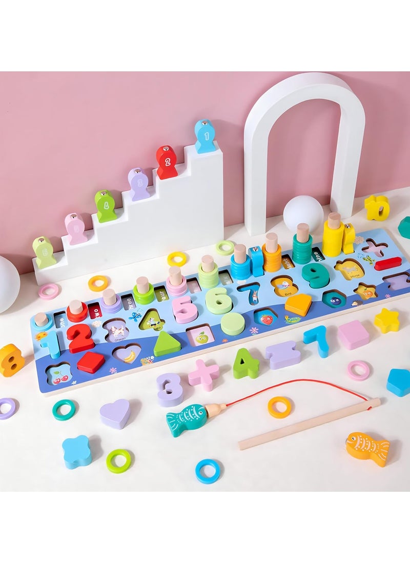 MAGIC VAULT - Wooden Magnetic Puzzles, Fine Motor Skill Toy 5-in-1 Color Alphabet, Number, Fishing, Rings Sorting Game Toy, Preschool Math Stacking Block Learning Jigsaw Board, for 3-6 Year Old Boys and Girls - Image 1