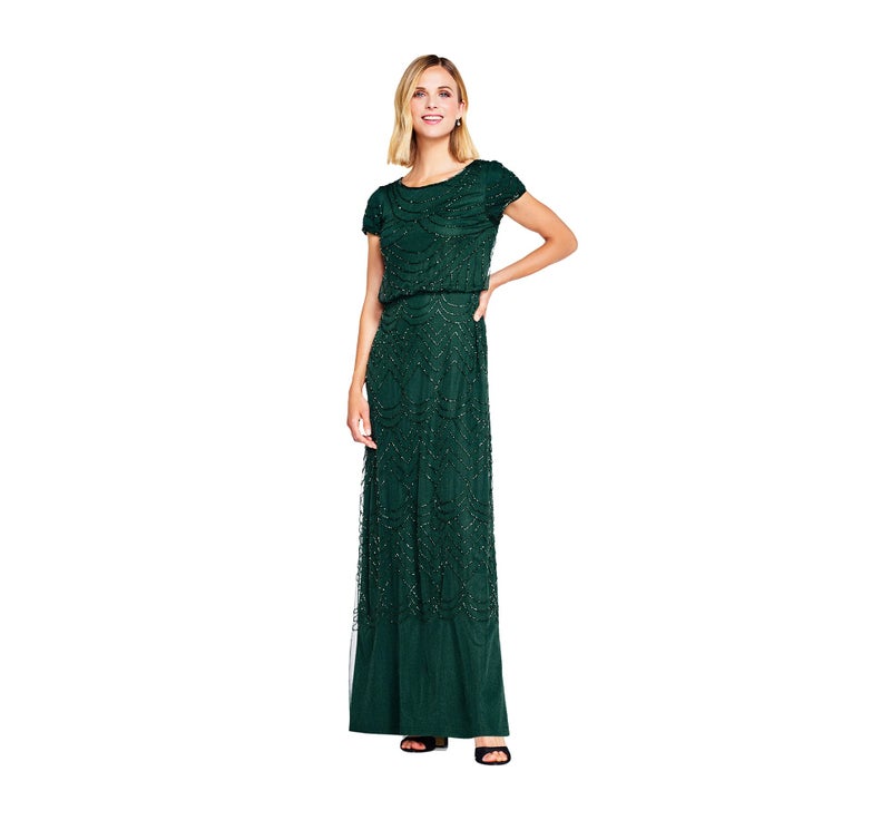 Adrianna Papell Womens Short Sleeve Blouson Beaded Gown Dusty Emerald 2