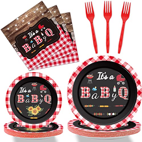Tevxj 96 PCS BBQ Baby Shower Plates Napkins Baby Q Party Tableware Its A BabyQ Disposable Paper Plates Napkins Sunflower Rustic Barbecue Baby Shower Party Decorations Supplies Favors for 24 Guests