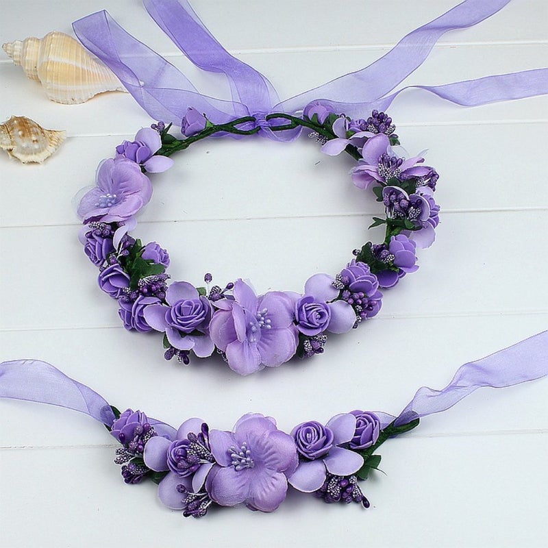 MioCloth Flower Crown Headband Garland Wrist Band Wedding Hair Wreath Women Girl Purple - Image 2