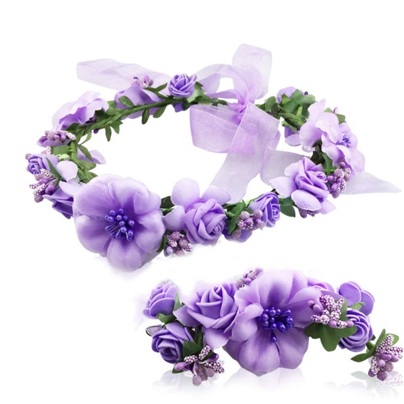 MioCloth Flower Crown Headband Garland Wrist Band Wedding Hair Wreath Women Girl Purple - Image 1