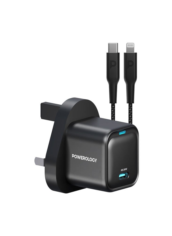 Powerology - Ultra-Compact GaN Charger With USB-C To Lightning 1.2m Cable Power Delivery 20W / Durable / Overheating and Overcharging Protection /Short-circuiting and Overcurrent Protection - Black - Image 1