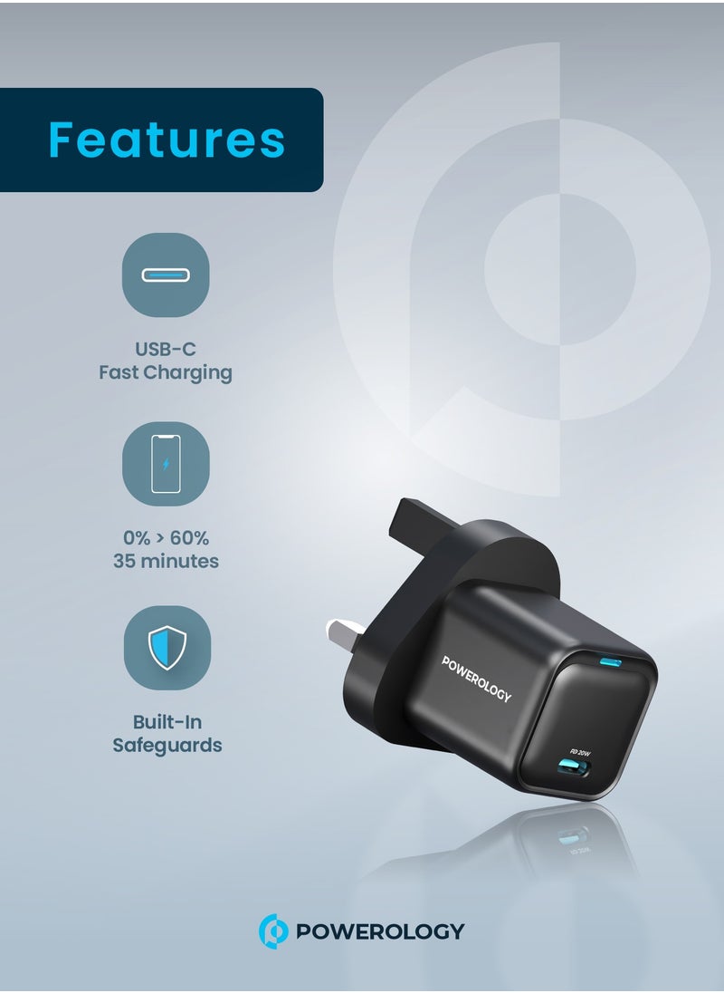 Powerology - Ultra-Compact GaN Charger With USB-C To Lightning 1.2m Cable Power Delivery 20W / Durable / Overheating and Overcharging Protection /Short-circuiting and Overcurrent Protection - Black - Image 1