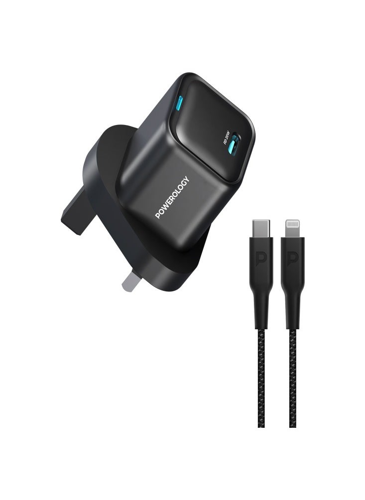 Powerology - Ultra-Compact GaN Charger With USB-C To Lightning 1.2m Cable Power Delivery 20W / Durable / Overheating and Overcharging Protection /Short-circuiting and Overcurrent Protection - Black - Image 1
