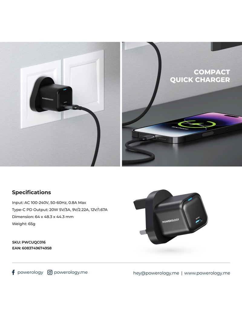 Powerology - Ultra-Compact GaN Charger With USB-C To Lightning 1.2m Cable Power Delivery 20W / Durable / Overheating and Overcharging Protection /Short-circuiting and Overcurrent Protection - Black - Image 1