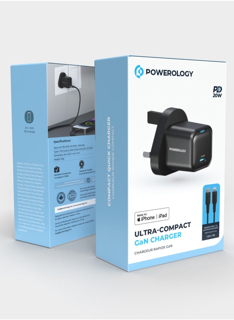 Powerology - Ultra-Compact GaN Charger With USB-C To Lightning 1.2m Cable Power Delivery 20W / Durable / Overheating and Overcharging Protection /Short-circuiting and Overcurrent Protection - Black - Image 1