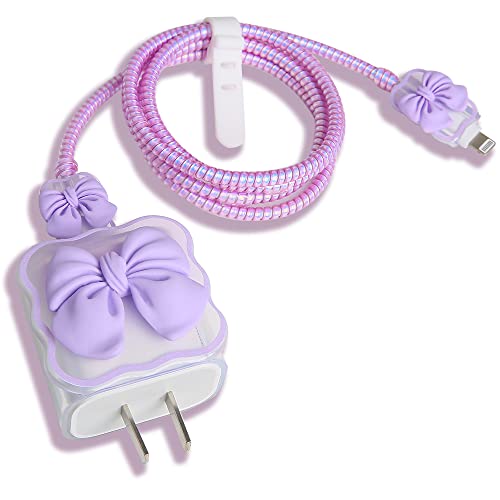 QLD COVER Compatible with iPhone 18W/20W USB-C Charger Cover Cute 3D Bow Tie Design Clear Soft Charger Protector Kawaii Cable Saver for iPhone 11 12 13 14 Pro Max Fast Power Adapter, Purple 2 (5in1) - Image 1