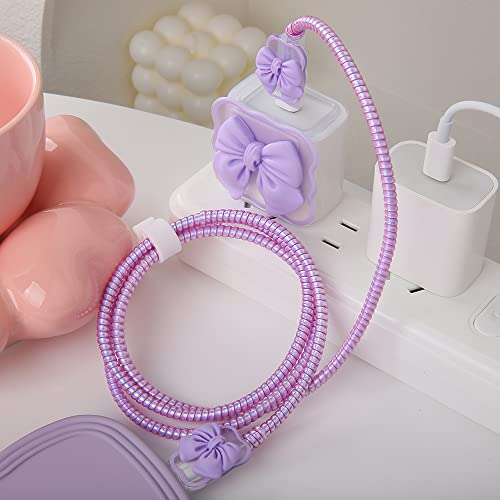 QLD COVER Compatible with iPhone 18W/20W USB-C Charger Cover Cute 3D Bow Tie Design Clear Soft Charger Protector Kawaii Cable Saver for iPhone 11 12 13 14 Pro Max Fast Power Adapter, Purple 2 (5in1) - Image 3