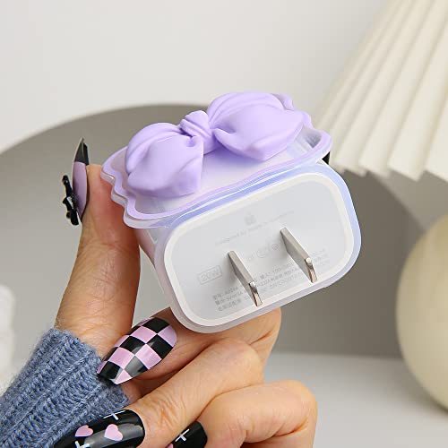 QLD COVER Compatible with iPhone 18W/20W USB-C Charger Cover Cute 3D Bow Tie Design Clear Soft Charger Protector Kawaii Cable Saver for iPhone 11 12 13 14 Pro Max Fast Power Adapter, Purple 2 (5in1) - Image 5