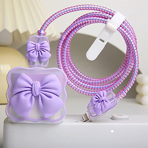 QLD COVER Compatible with iPhone 18W/20W USB-C Charger Cover Cute 3D Bow Tie Design Clear Soft Charger Protector Kawaii Cable Saver for iPhone 11 12 13 14 Pro Max Fast Power Adapter, Purple 2 (5in1) - Image 4