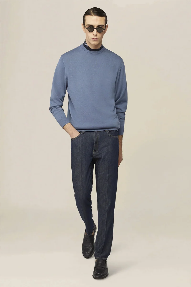 دوبل غانغر Men's crew neck jumper in 100% cotton - Cerulean