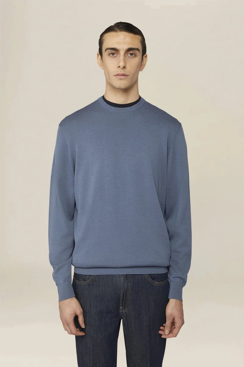 دوبل غانغر Men's crew neck jumper in 100% cotton - Cerulean