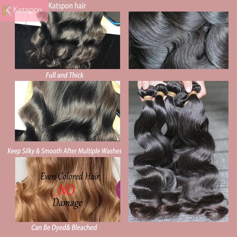 Katspon 12A Human Hair Bundles 20 22 24 26 Inch Body Wave 100% Unprocessed Brazilian Virgin Hair 4 Bundles Human Hair Extensions Quick Weave Natural Black - Image 4