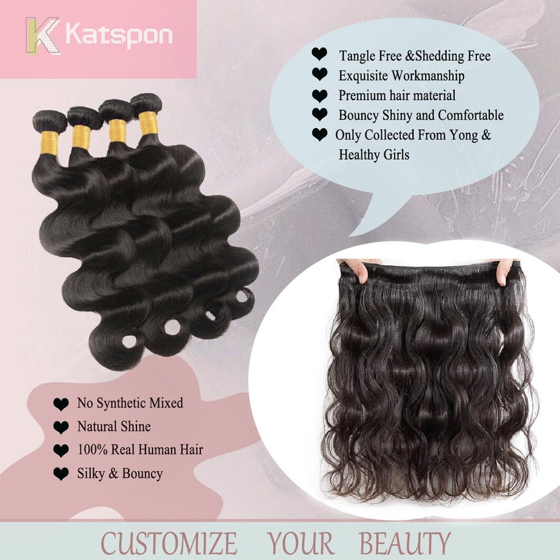 Katspon 12A Human Hair Bundles 20 22 24 26 Inch Body Wave 100% Unprocessed Brazilian Virgin Hair 4 Bundles Human Hair Extensions Quick Weave Natural Black - Image 2