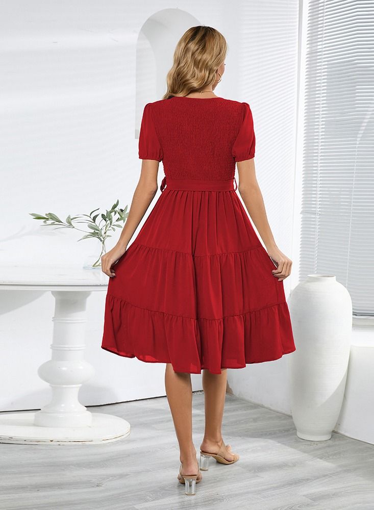 Loquat Summer Women's Fashion Short Sleeved Slim Large Swing Patchwork Dress  - Image 2