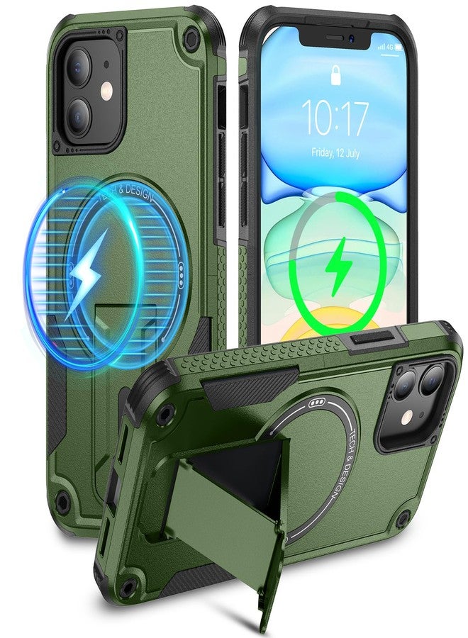 Caka جراب Caka لهاتف iPhone 11، جراب حماية مغناطيسي متين مقاوم للصدمات بمواصفات عسكرية مع حامل مدمج غير مرئي، متوافق مع MagSafe، أخضر - Image 1