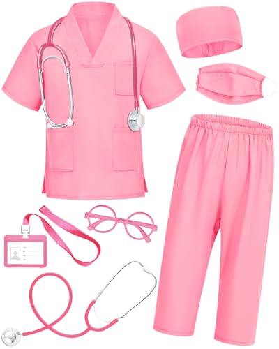 ICECUTE Doctor Scrubs for Kids7 Pcs Scrubs Costume with AccessoriesHalloween Costume for Boy Girls311 Years Pink 45T - Image 1